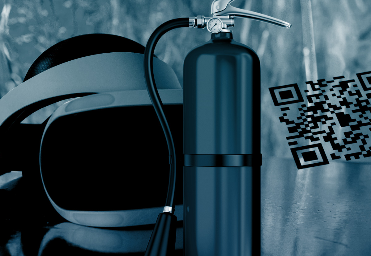 imagen de un extintor, gafas de realidad aumentada y un QR
